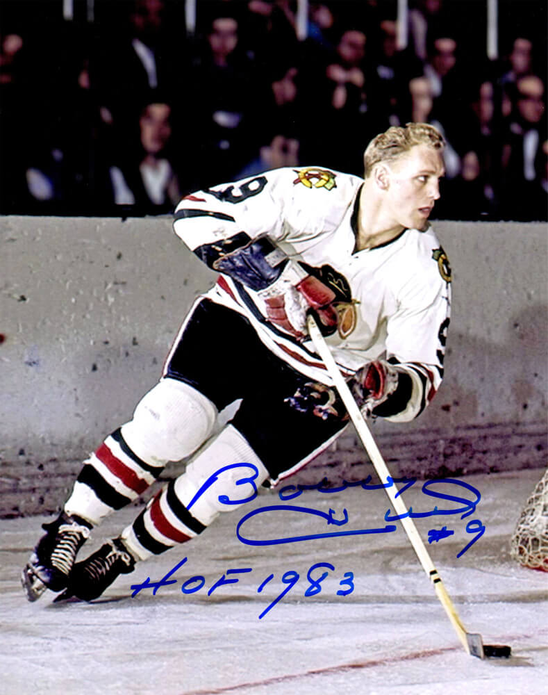 Bobby Hull Signed Chicago Blackhawks Color Action With Puck 8x10 Photo w/HOF 1983