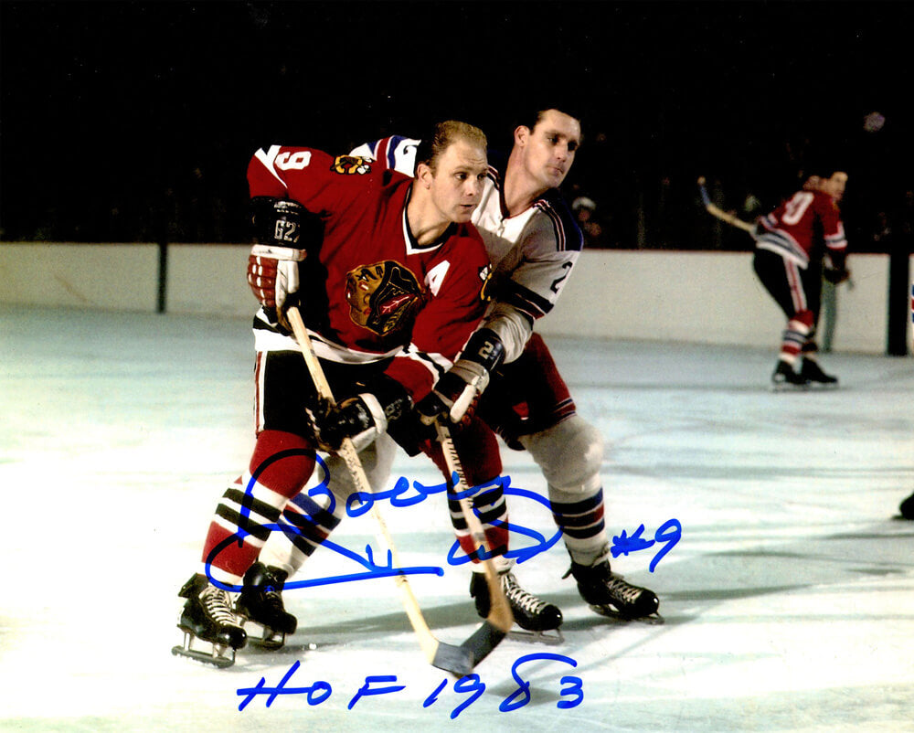 Bobby Hull Signed Blackhawks Defending Action 8x10 Photo w/HOF 1983