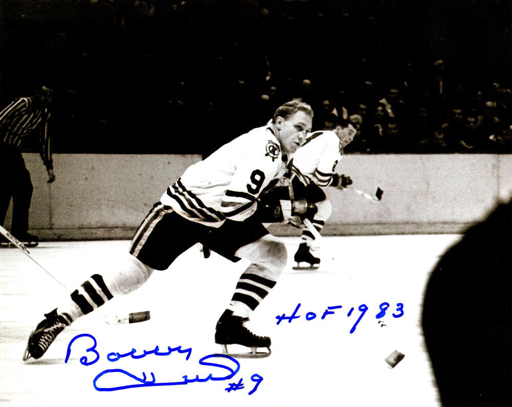 Bobby Hull Signed Chicago Blackhawks Horizontal In Game Skating B&W 8x10 Photo w/HOF 1983