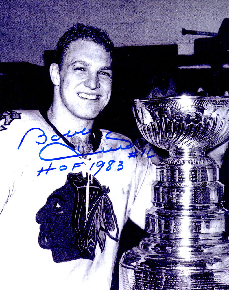 Bobby Hull Signed Chicago Blackhawks B&W With Stanley Cup 8x10 Photo w/HOF 1983