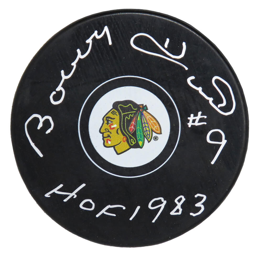 Bobby Hull Signed Chicago Blackhawks Logo Hockey Puck w/HOF 1983