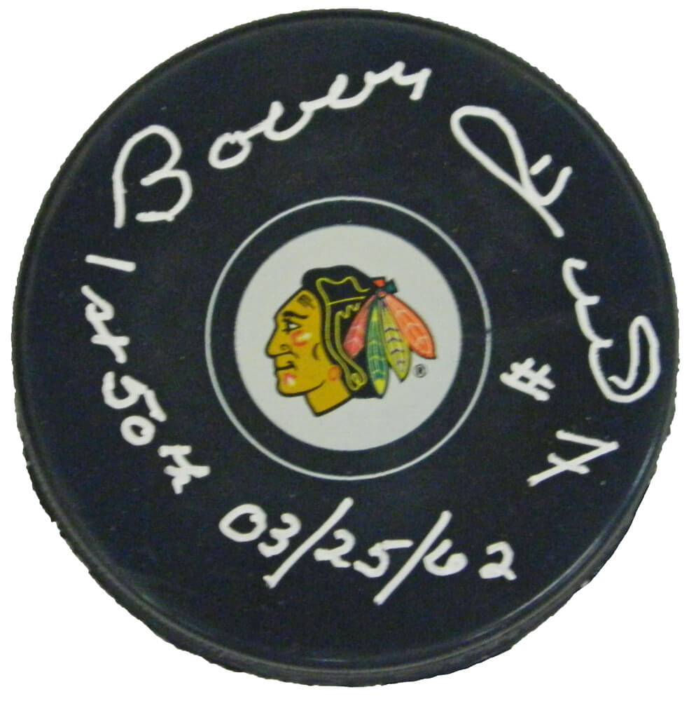 Bobby Hull Signed Chicago Blackhawks Logo Hockey Puck w/1st 50th 03-25-62