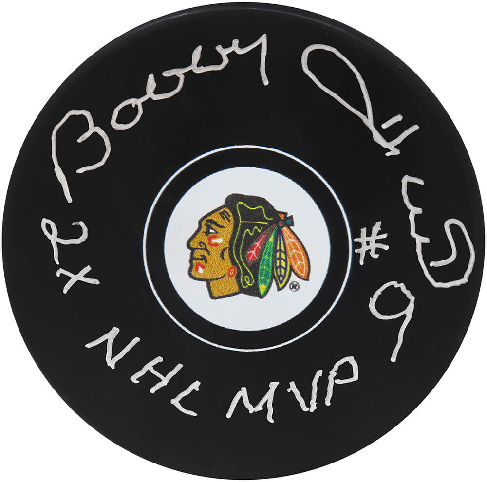 Bobby Hull Signed Chicago Blackhawks Team Logo Hockey Puck w/2x NHL MVP