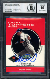 Ichiro Suzuki Autographed 2001 Fleer Platinum Chart Toppers Rookie Card #420 Seattle Mariners Auto Grade 10 Beckett BAS #12490890