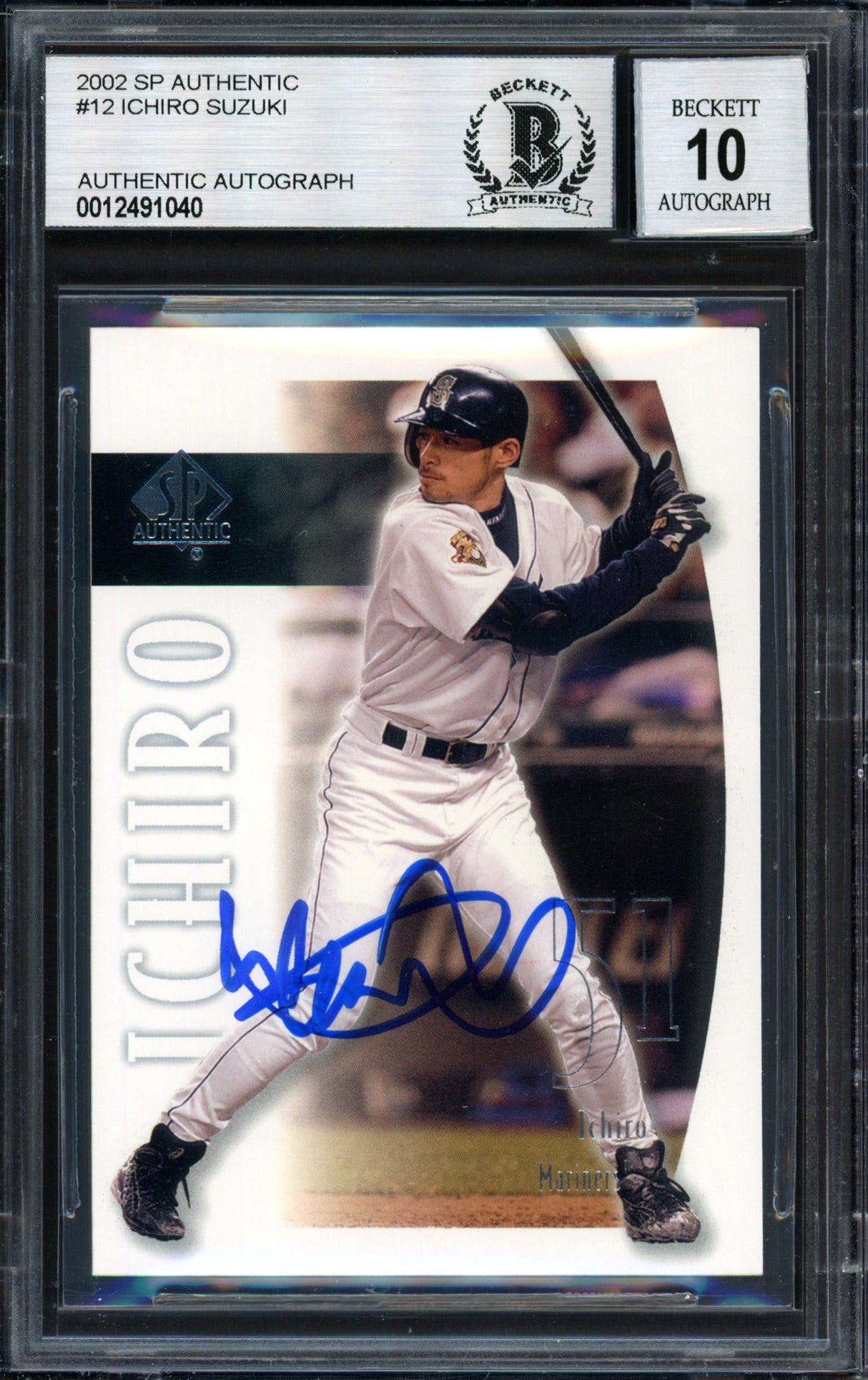 Ichiro Suzuki Autographed 2002 SP Authentic Card #12 Seattle Mariners Auto Grade 10 Beckett BAS #12491040