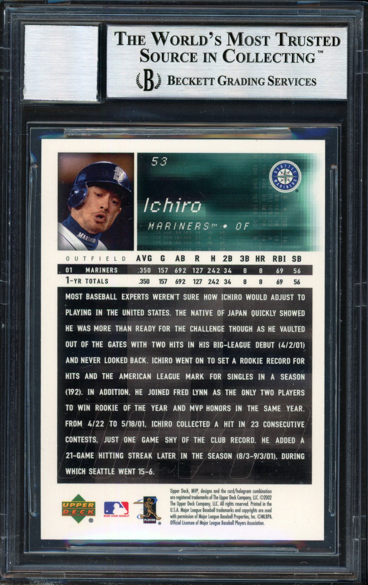 Ichiro Suzuki Autographed 2002 Upper Deck MVP Card #53 Seattle Mariners Auto Grade 10 Beckett BAS #12491123