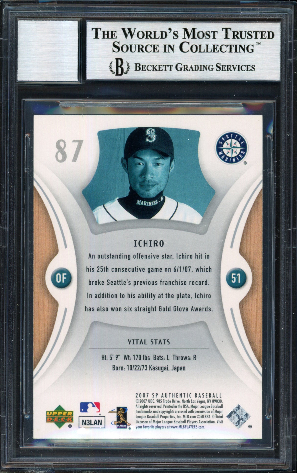 Ichiro Suzuki Autographed 2007 SP Authentic Card #87 Seattle Mariners Auto Grade 10 Beckett BAS #12491478