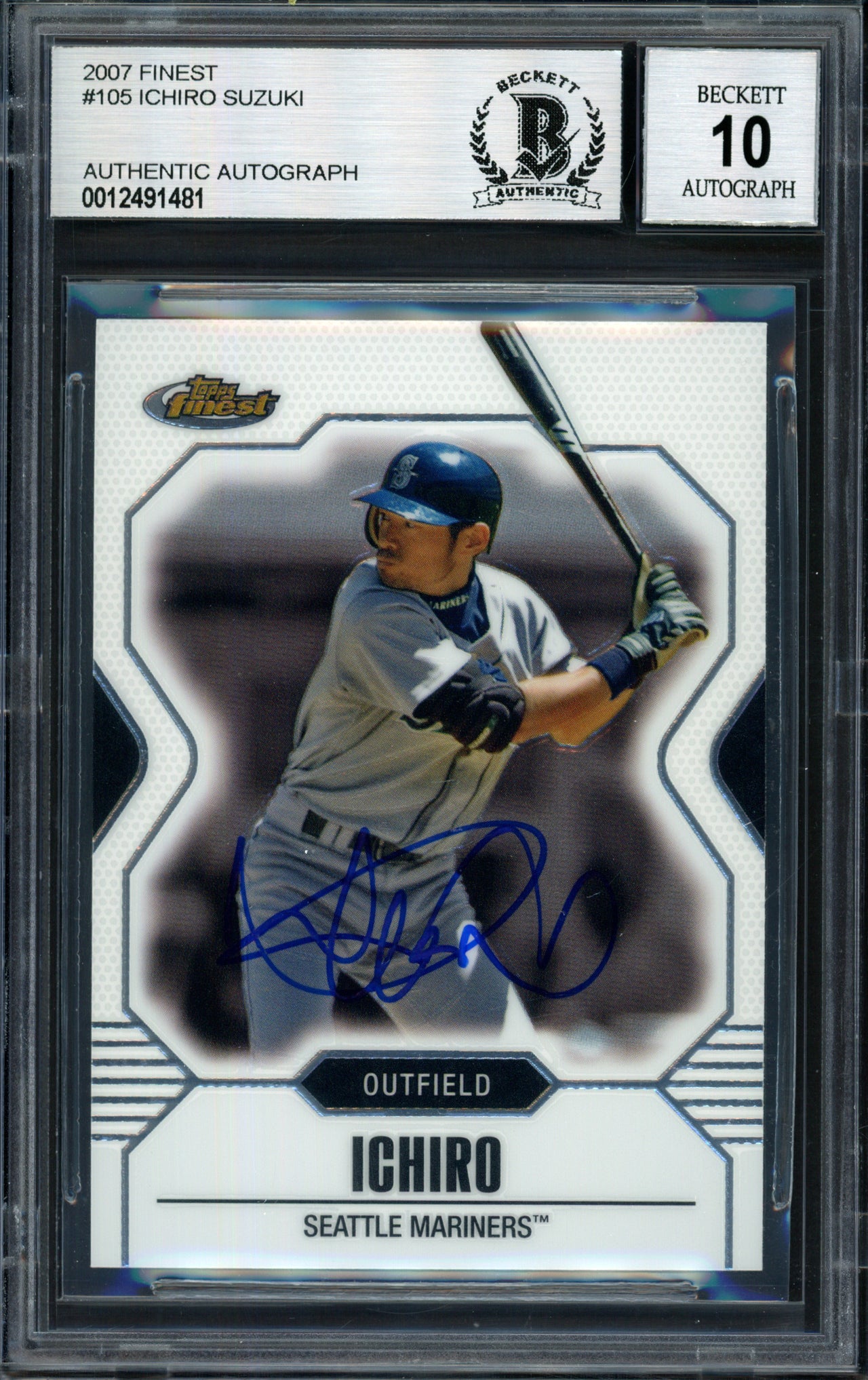 Ichiro Suzuki Autographed 2007 Topps Finest Card #105 Seattle Mariners Auto Grade 10 Beckett BAS #12491481