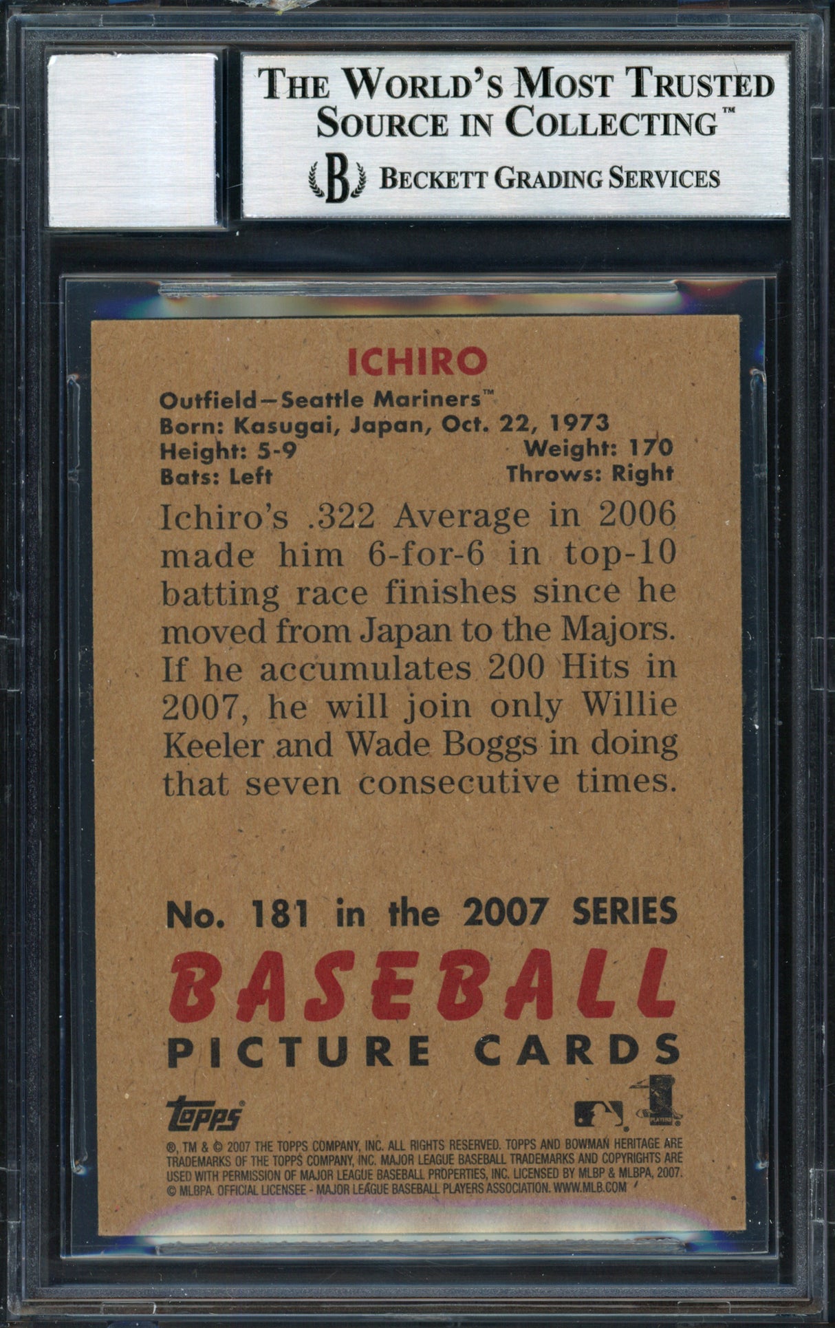 Ichiro Suzuki Autographed 2007 Bowman Heritage Card #181 Seattle Mariners Auto Grade 10 Beckett BAS #12491487