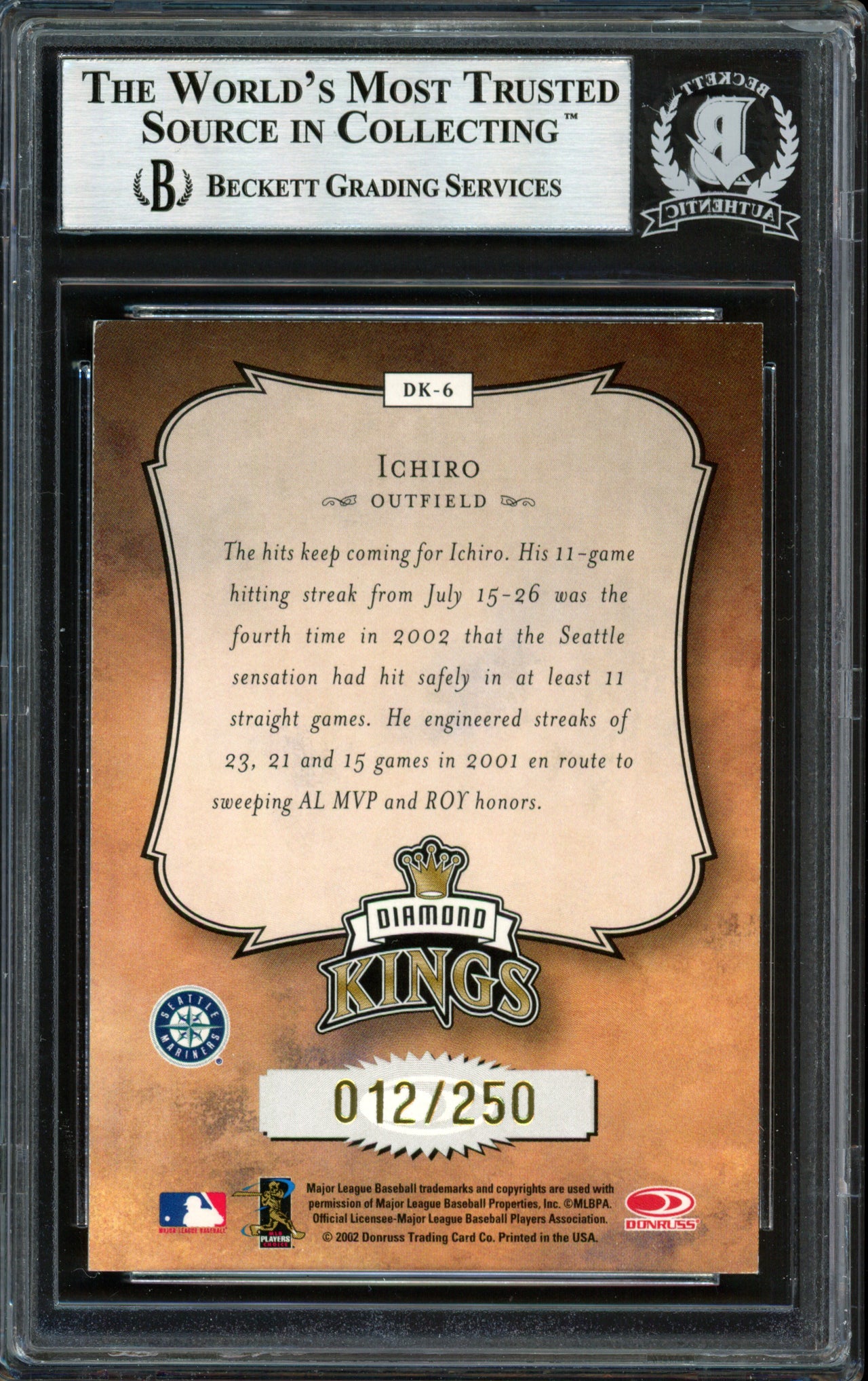 Ichiro Suzuki Autographed 2003 Donruss Diamond Kings Studio Series Card #DK-6 Seattle Mariners #12/250 Beckett BAS #12492183