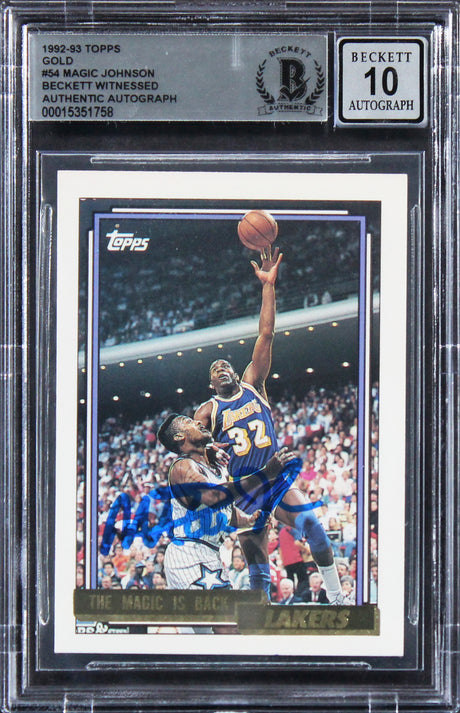 Lakers Magic Johnson Signed 1992 Topps Gold #54 Card Auto Graded 10! BAS Slabbed