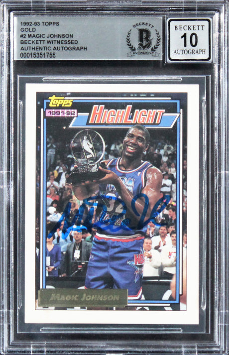 Lakers Magic Johnson Signed 1992 Topps Gold #2 Card Auto Graded 10! BAS Slabbed