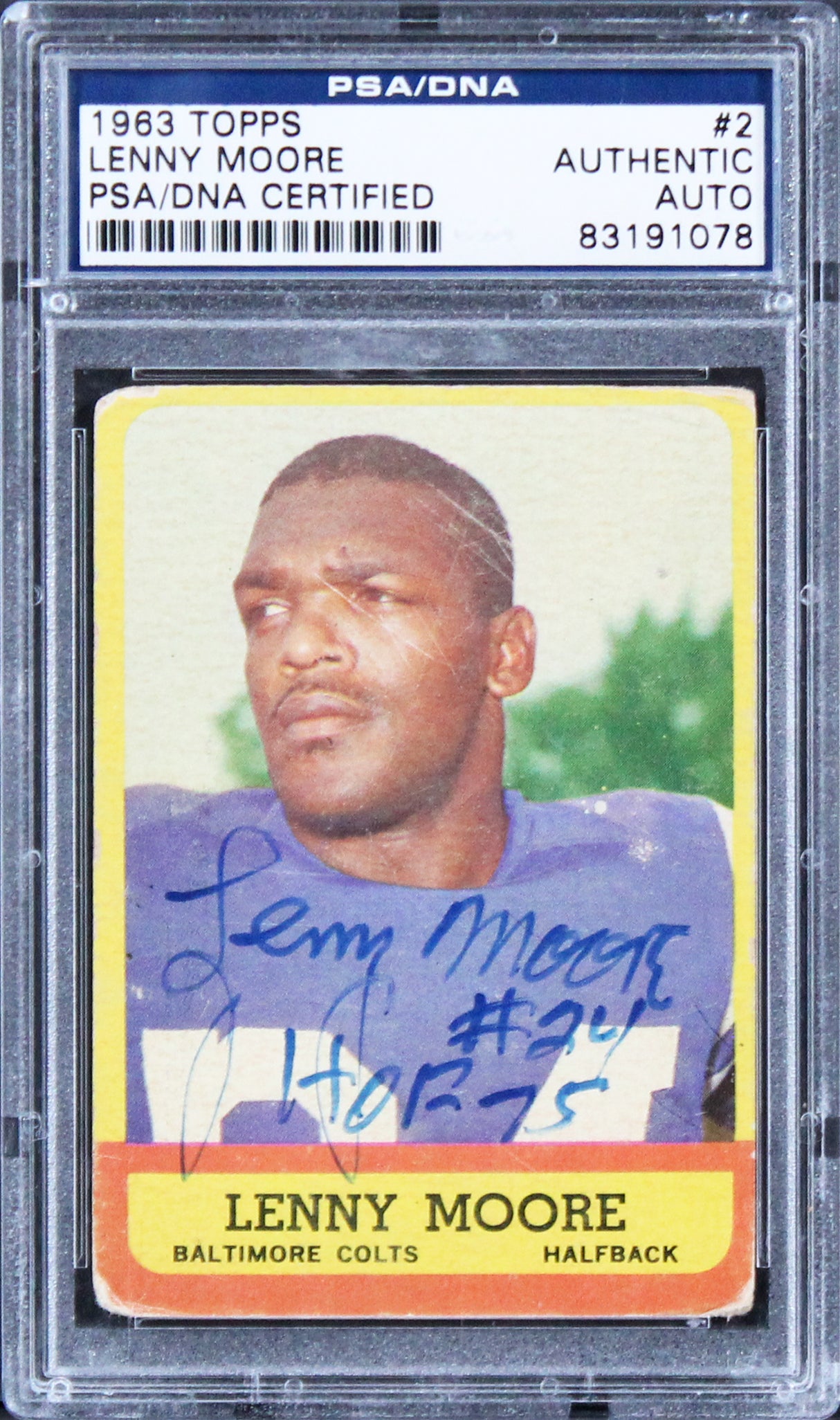 Colts Lenny Moore 'HOF 75' Authentic Signed Card 1963 Topps #2 PSA/DNA Slabbed