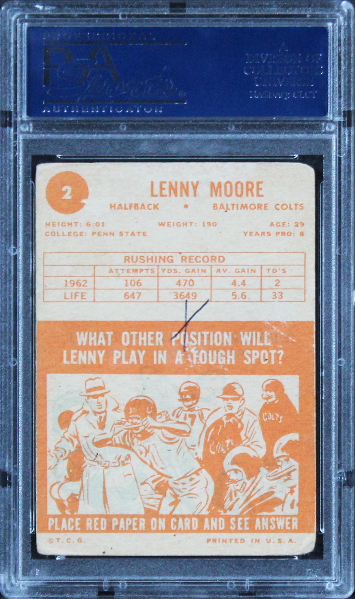 Colts Lenny Moore 'HOF 75' Authentic Signed Card 1963 Topps #2 PSA/DNA Slabbed