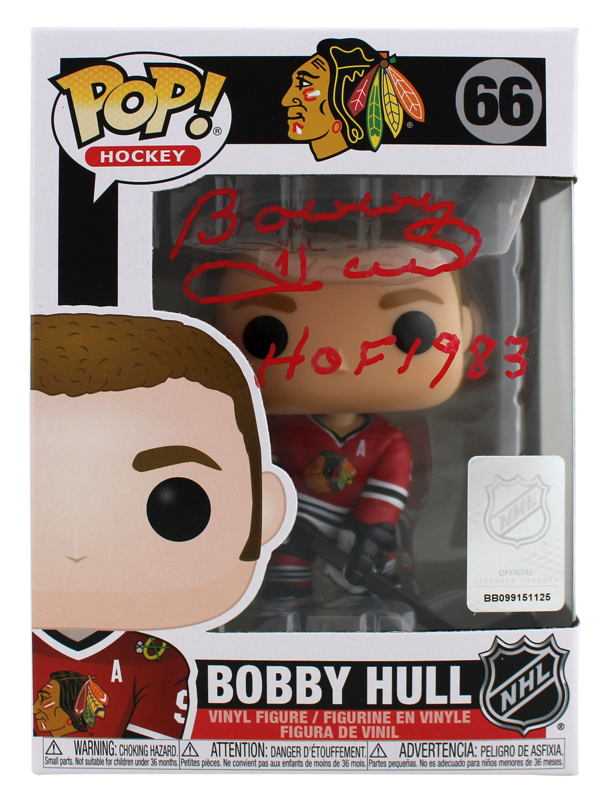 Blackhawks Bobby Hull "HOF 1983" Signed Funko Pop Vinyl Figure BAS Wit #WL39474