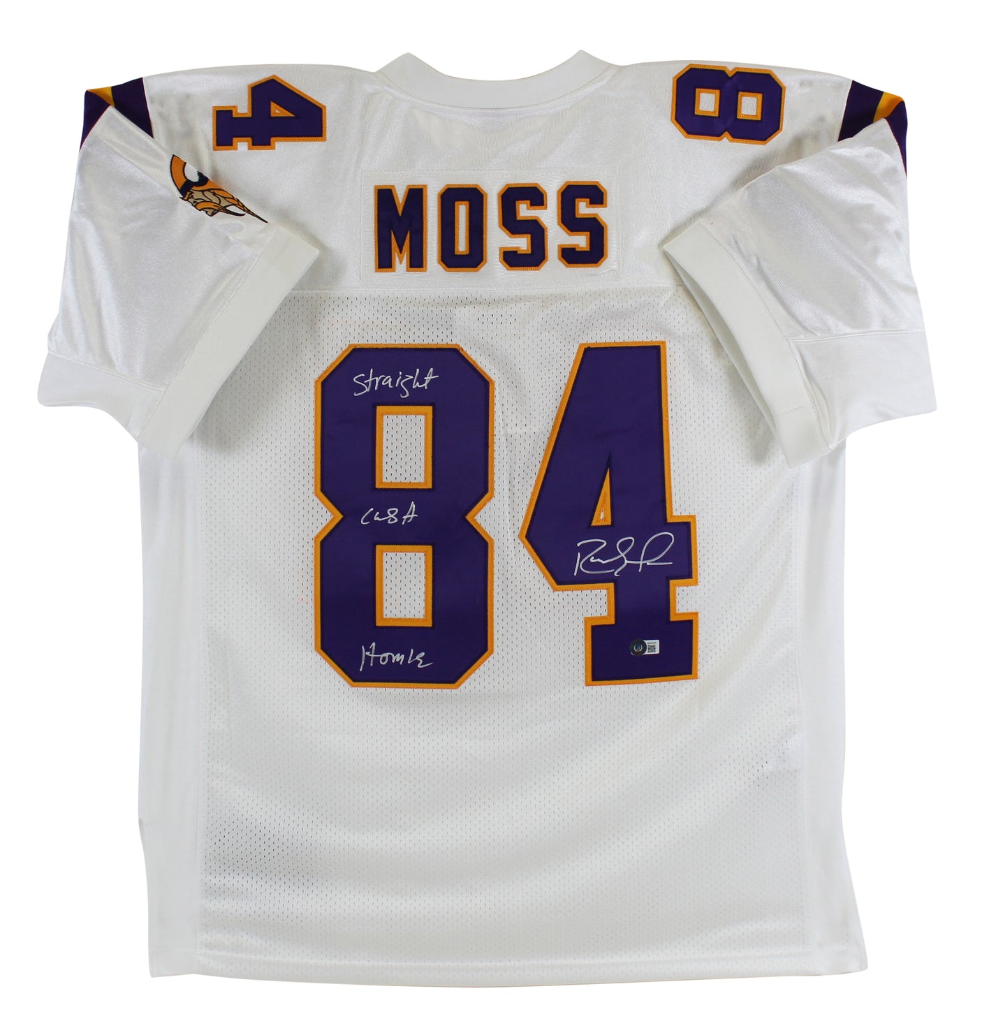 Vikings Randy Moss "Straight Cash Homie" Signed White M&N Jersey BAS Witnessed