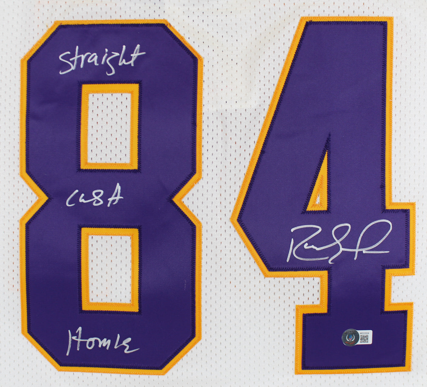 Vikings Randy Moss "Straight Cash Homie" Signed White M&N Jersey BAS Witnessed