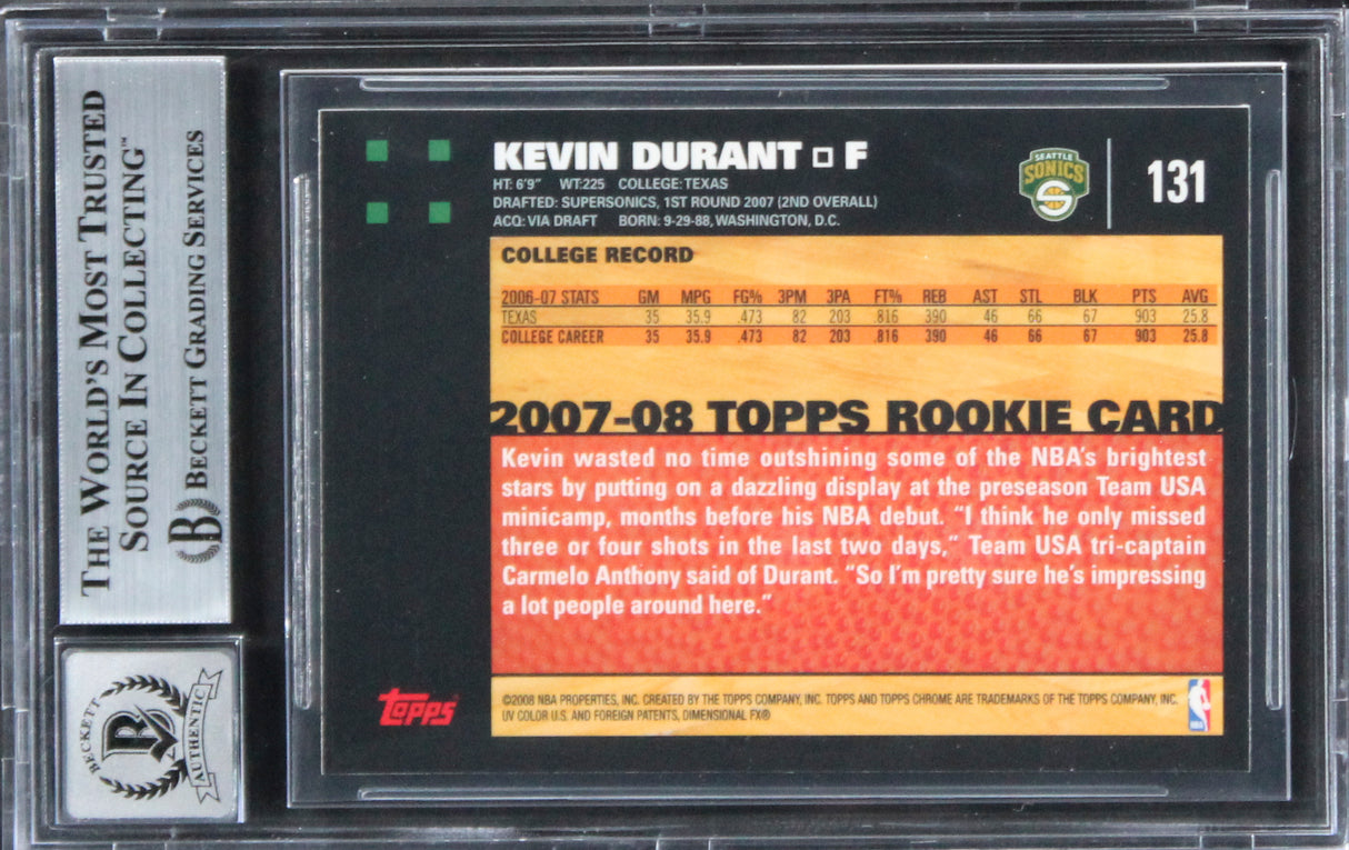 Sonics Kevin Durant Signed 2007 Topps Chrome #131 Rookie Card Auto 10! BAS Slab