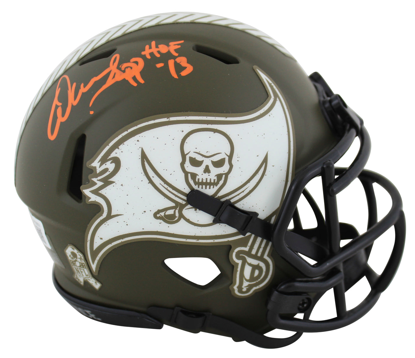 Buccaneers Warren Sapp HOF 13 Signed Salute To Service Speed Mini Helmet BAS Wit