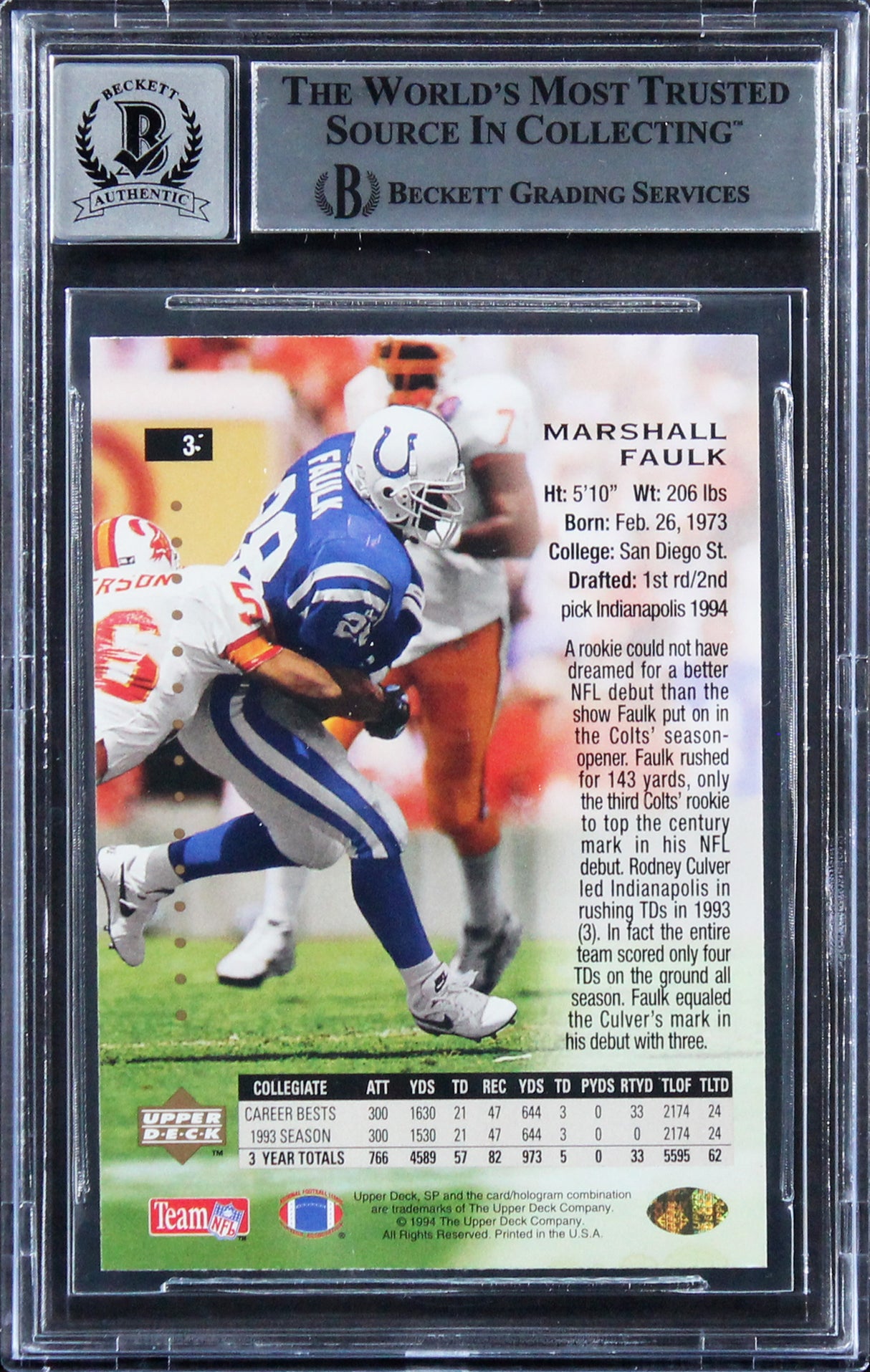 Colts Marshall Faulk "ROY 94" Signed 1994 SP #3 Rookie Card Auto 10! BAS Slabbed