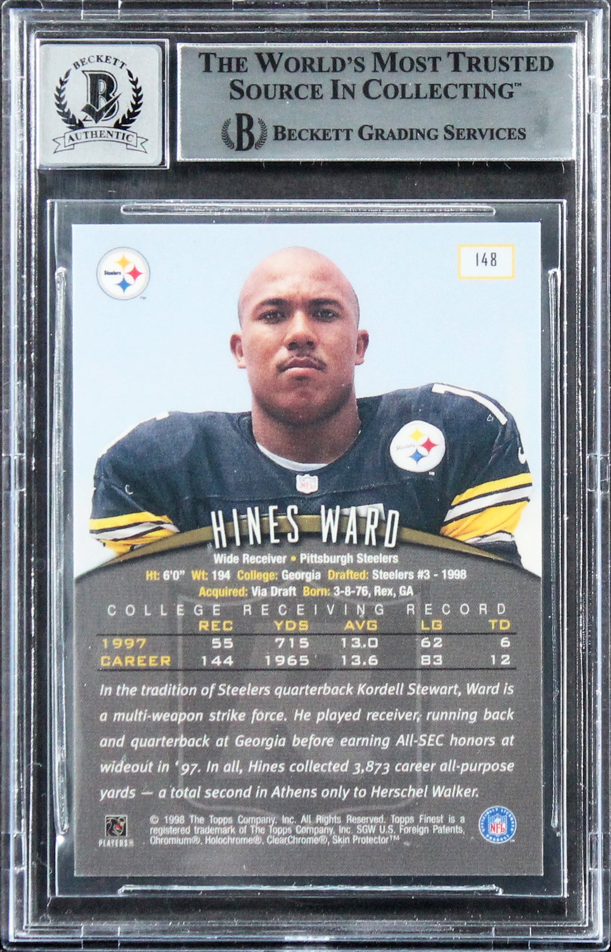 Steelers Hines Ward Signed 1998 FInest #148 Rookie Card Auto 10! BAS Slabbed