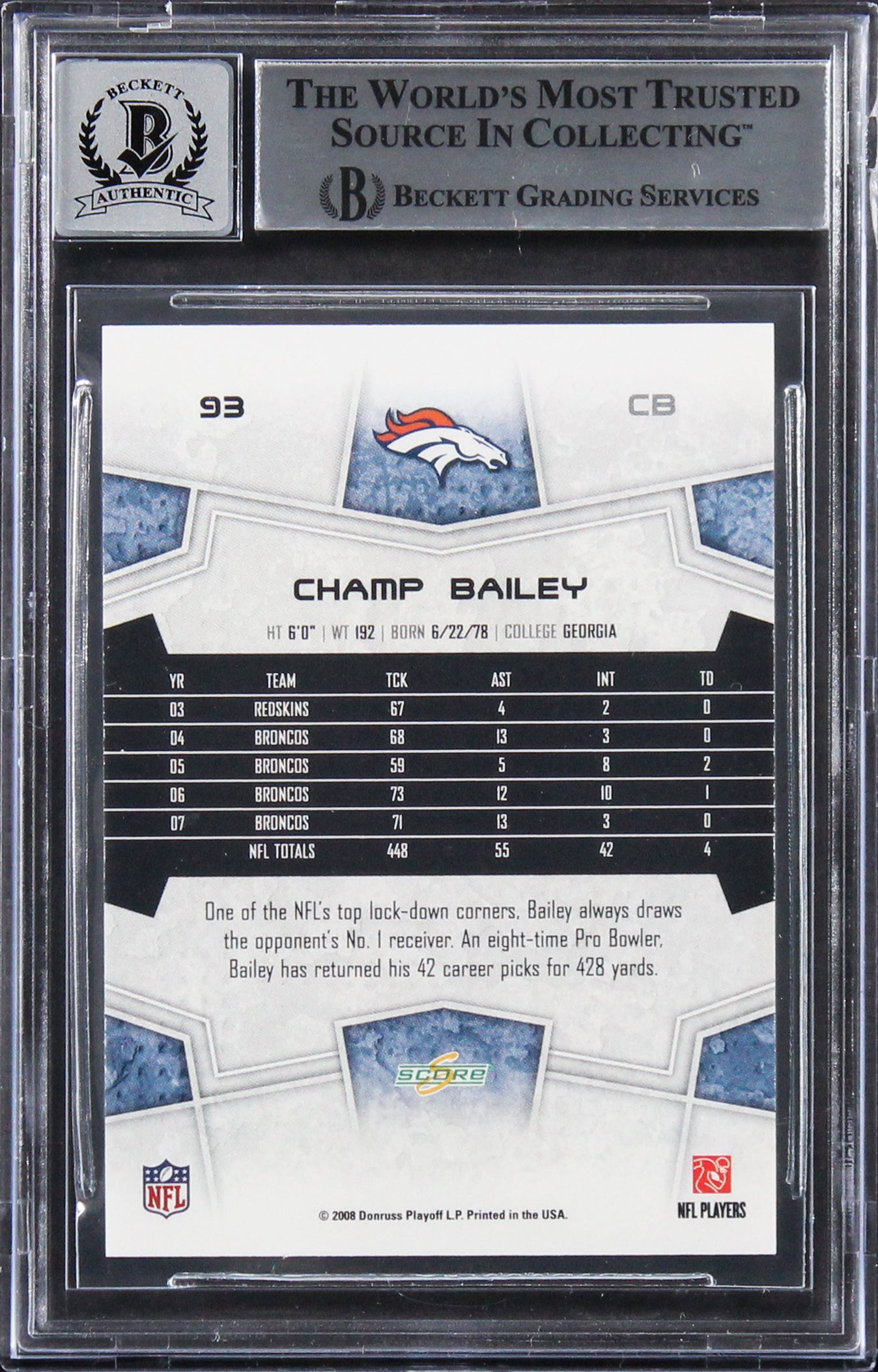 Broncos Champ Bailey Authentic Signed 2008 Score #93 Card Auto 10! BAS Slabbed