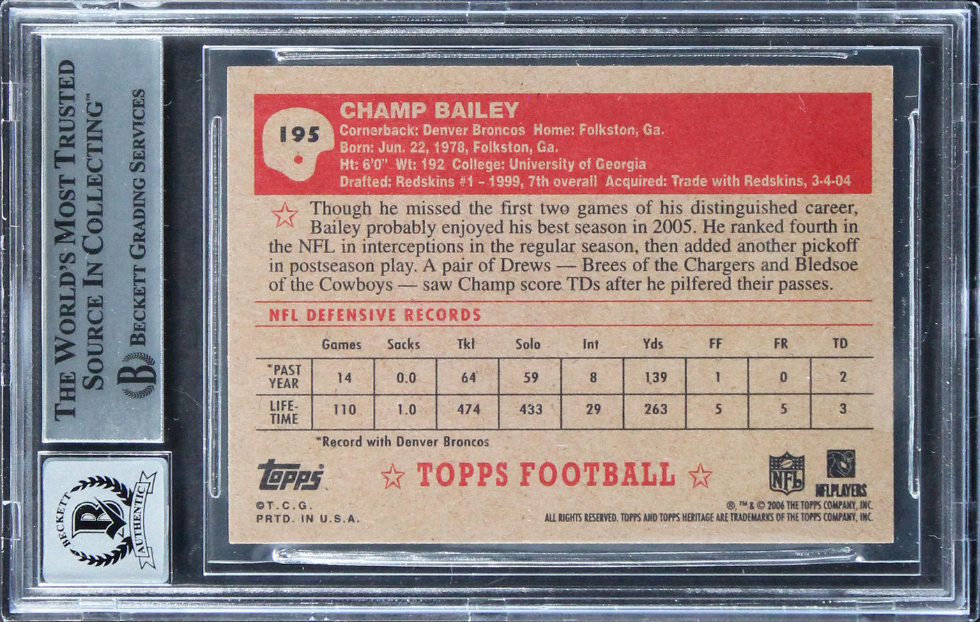 Broncos Champ Bailey Signed 2006 Topps Heritage #195 Card Auto 10! BAS Slabbed