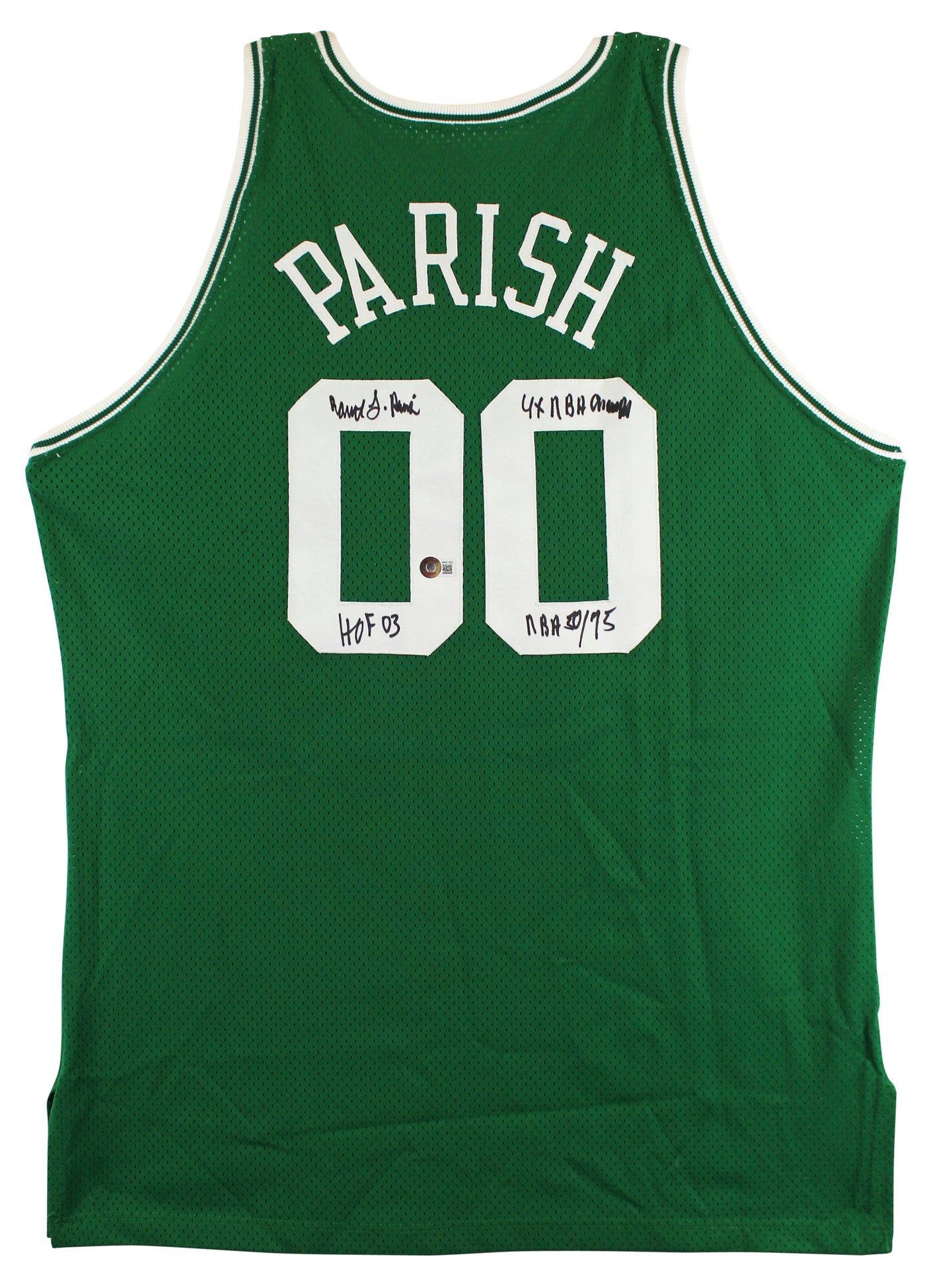 Celtics Robert Parish "4x Insc" Signed 93-94 Champion Pro Cut Green Jersey BAS W