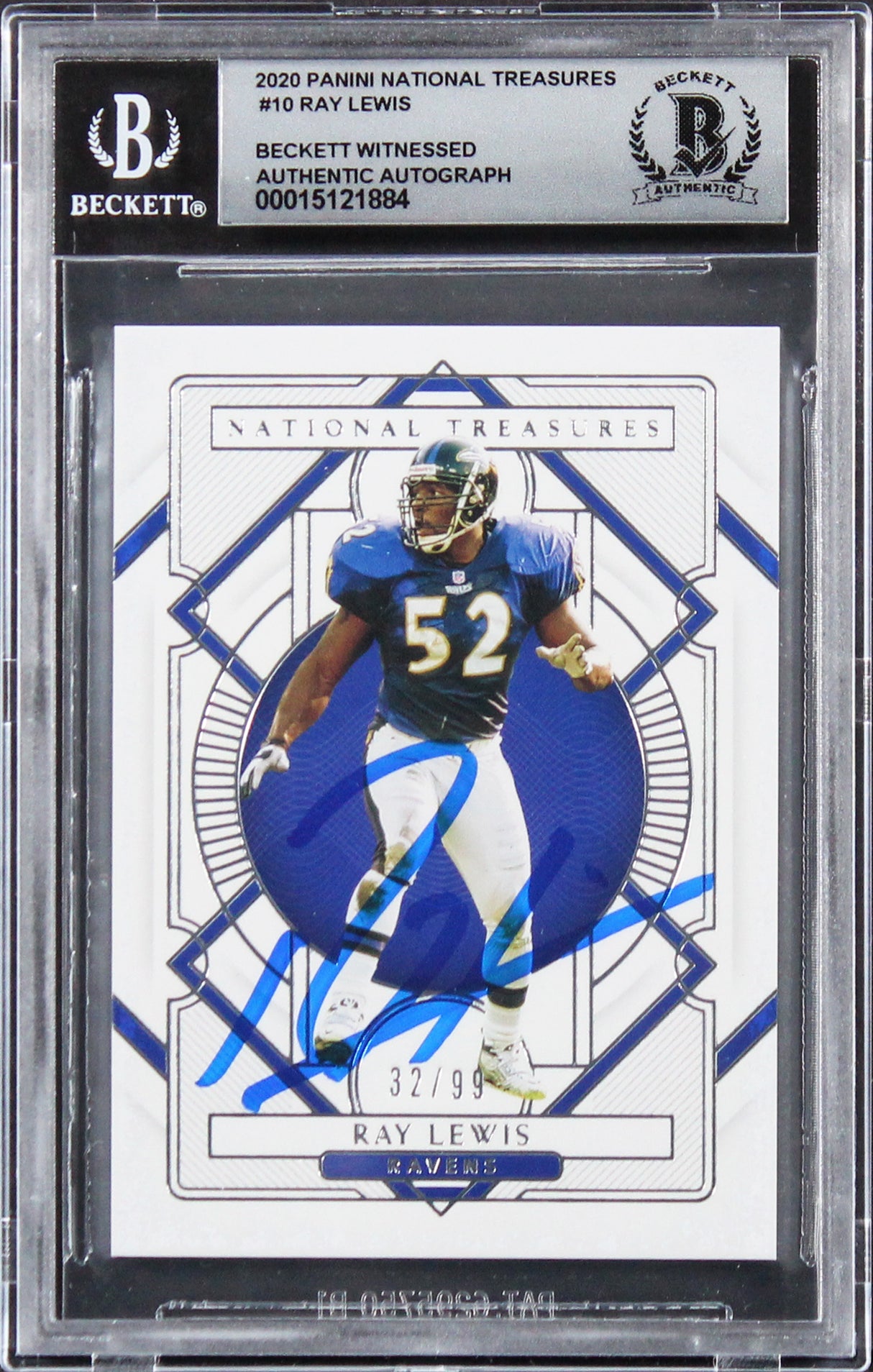 Ravens Ray Lewis Signed 2020 National Treasures #10 32/99 Card Auto 10! BAS Slab