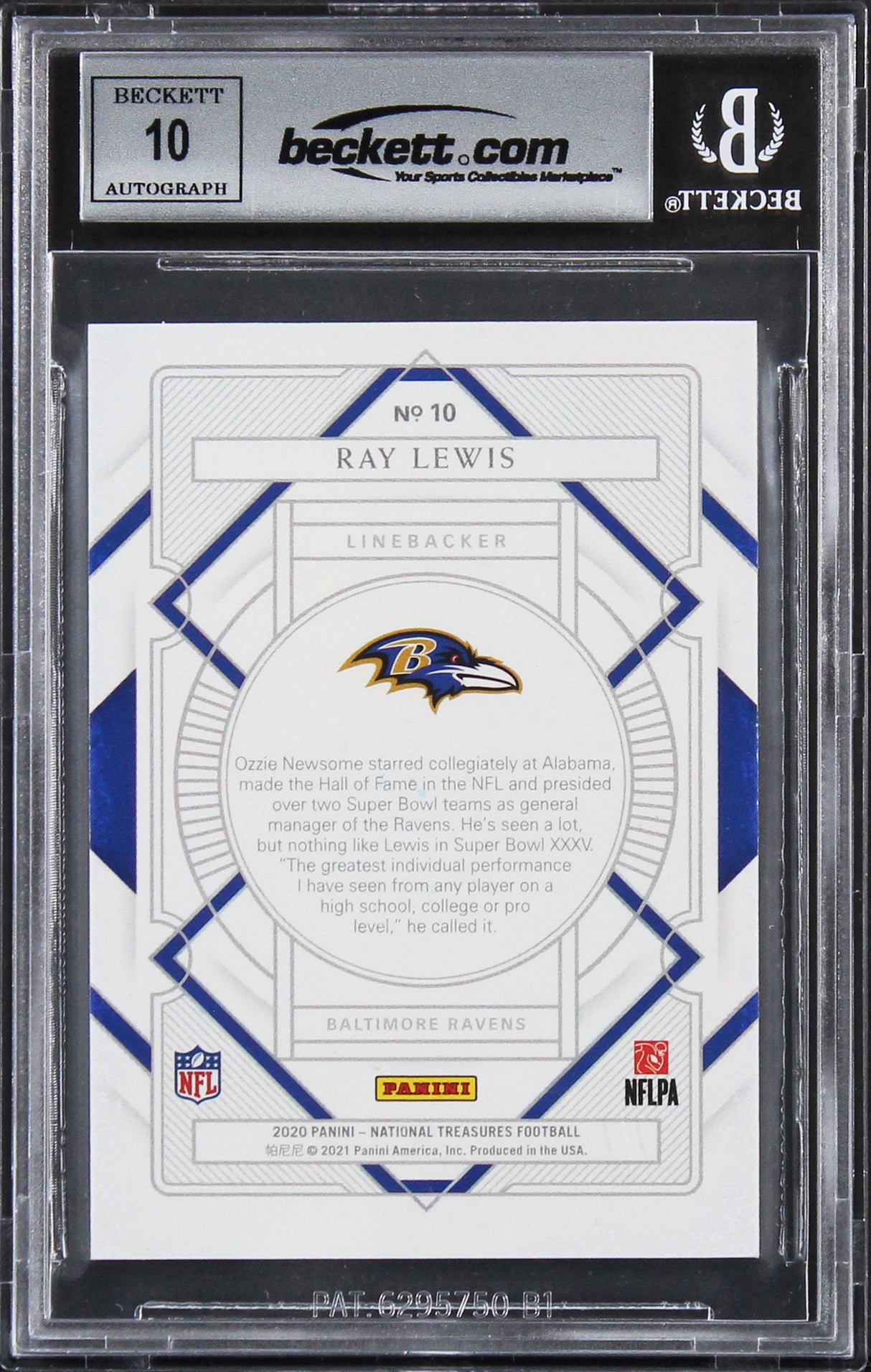 Ravens Ray Lewis Signed 2020 National Treasures #10 32/99 Card Auto 10! BAS Slab