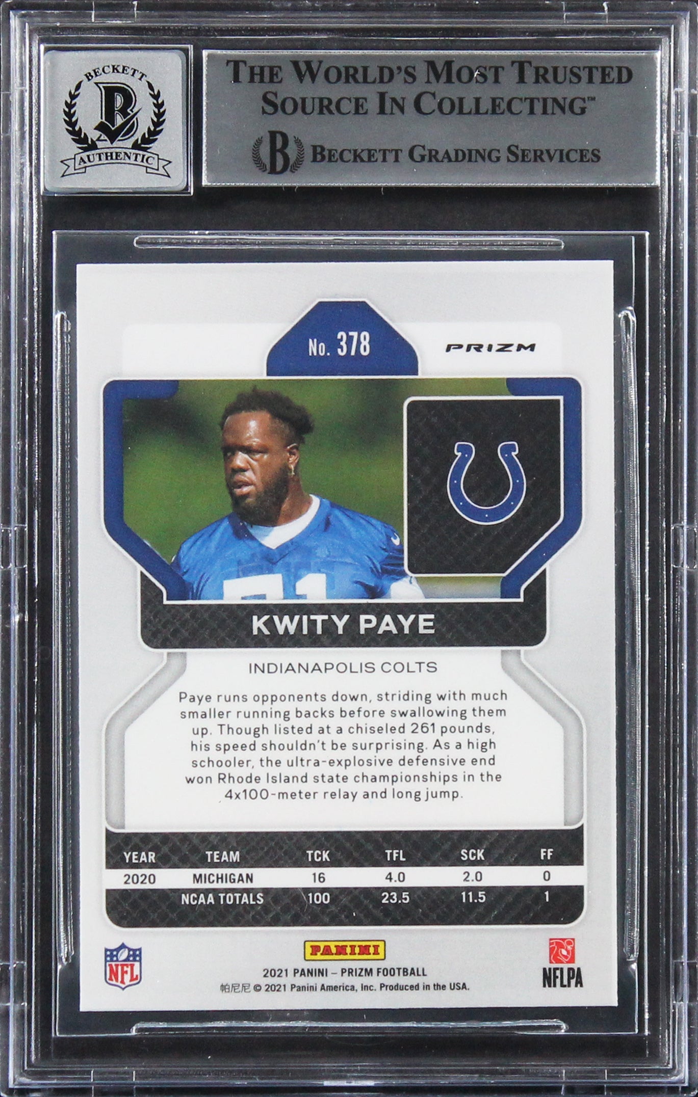 Colts Kwity Paye Signed 2021 Panini Prizm Silver #379 RC Auto 10! BAS Slabbed