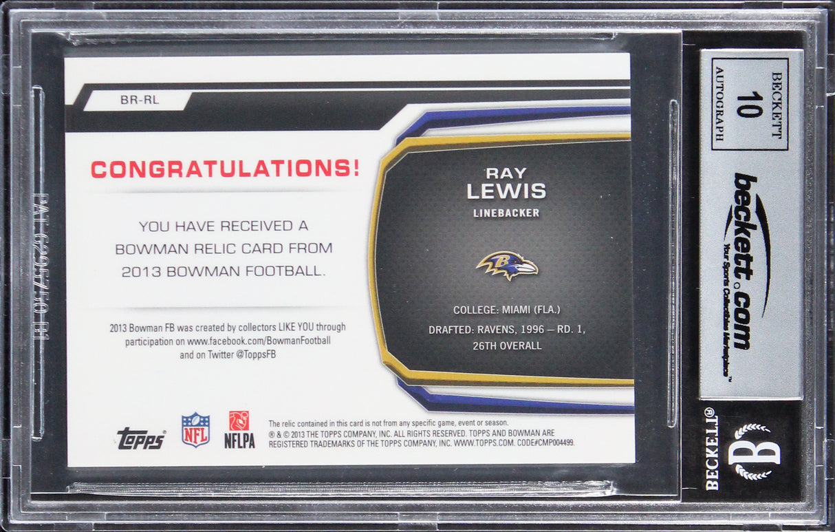 Ravens Ray Lewis Signed 2013 Bowman Relics #BRRL Card Auto 10! BAS Slabbed