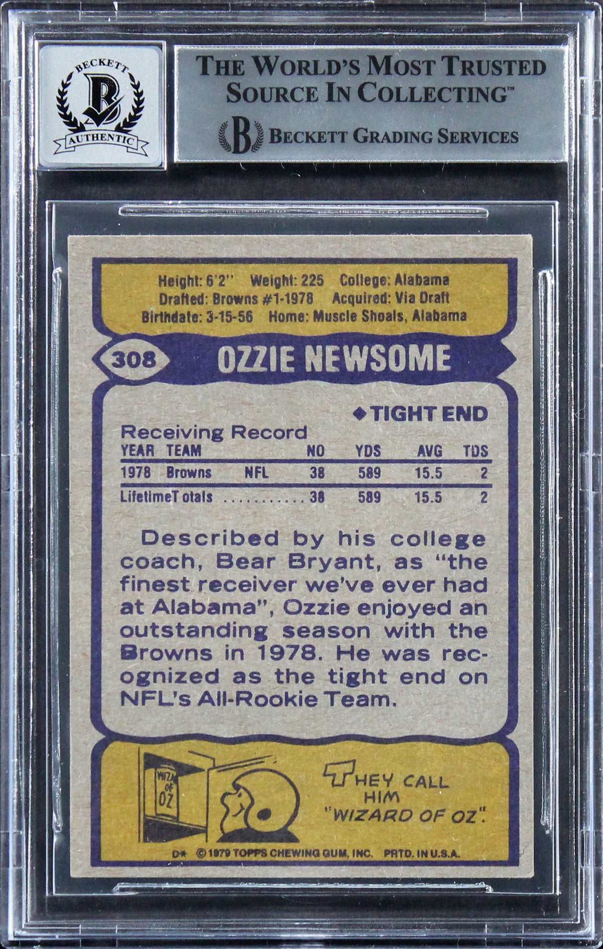 Browns Ozzie Newsome HOF 99 Signed 1979 Topps #308 Rookie Card Auto 10! BAS Slab