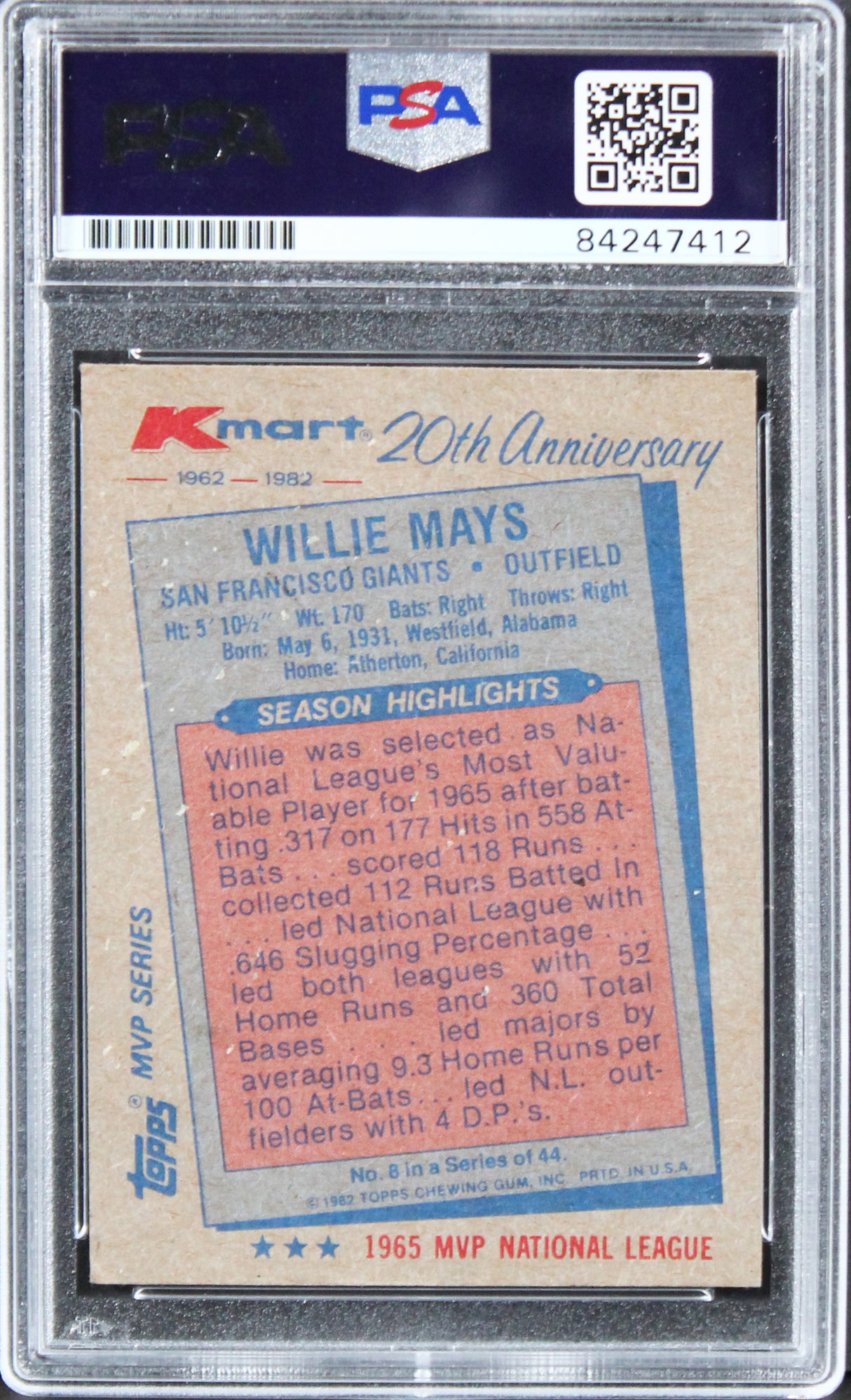 Giants Willie Mays Signed 1982 Kmart 20th Anniversary Topps #8 Card PSA Slabbed