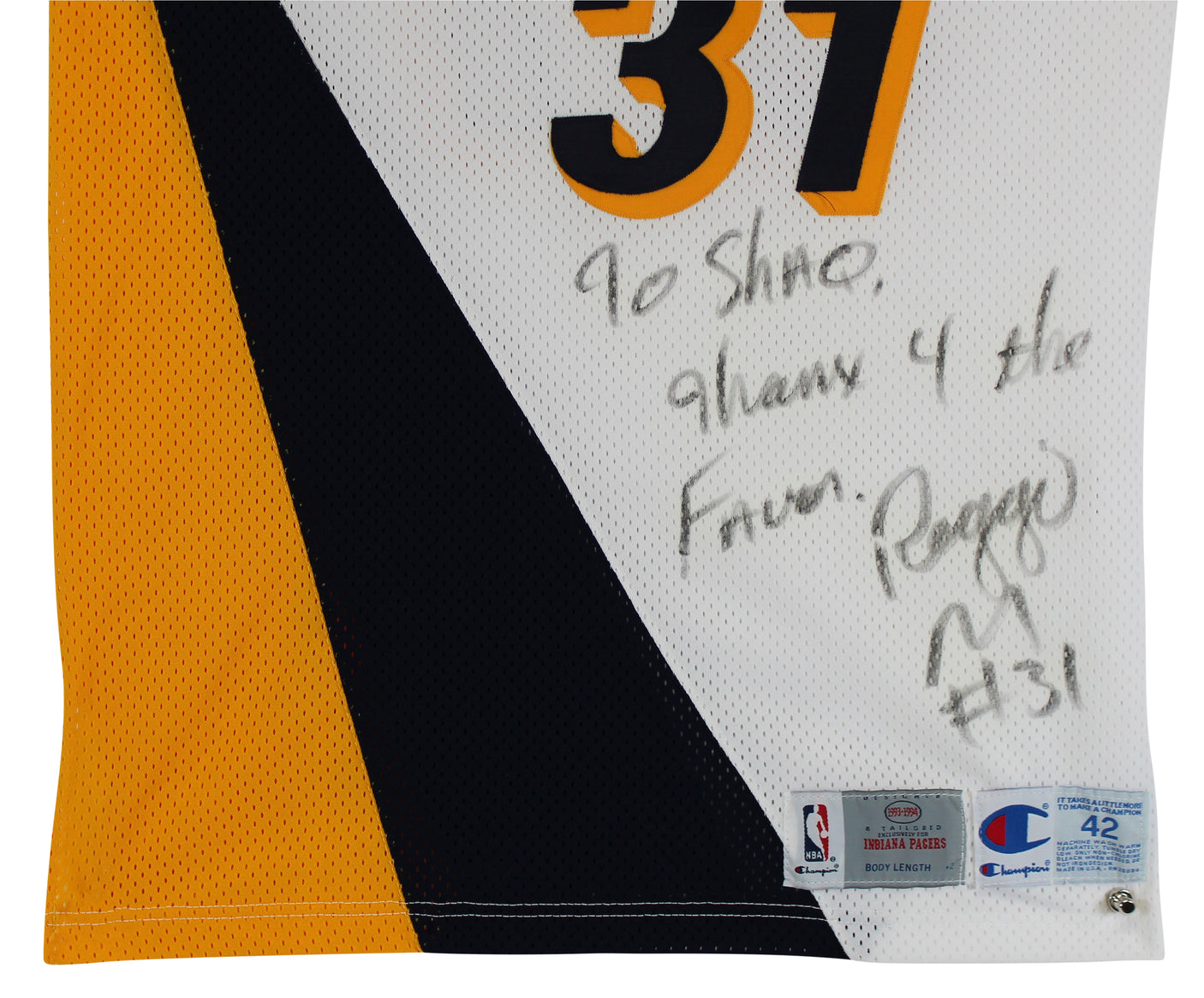 Pacers Reggie Miller "To Shaq" Signed Game Worn 1993-94 Champion Jersey BAS