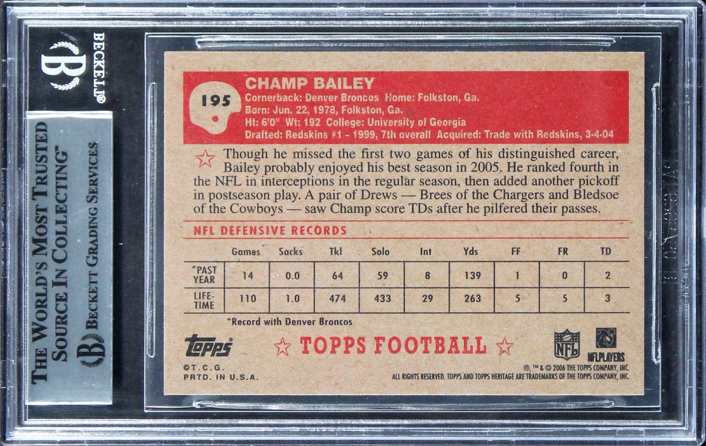 Broncos Champ Bailey Authentic Signed 2006 Topps Heritage #195 Card BAS Slabbed