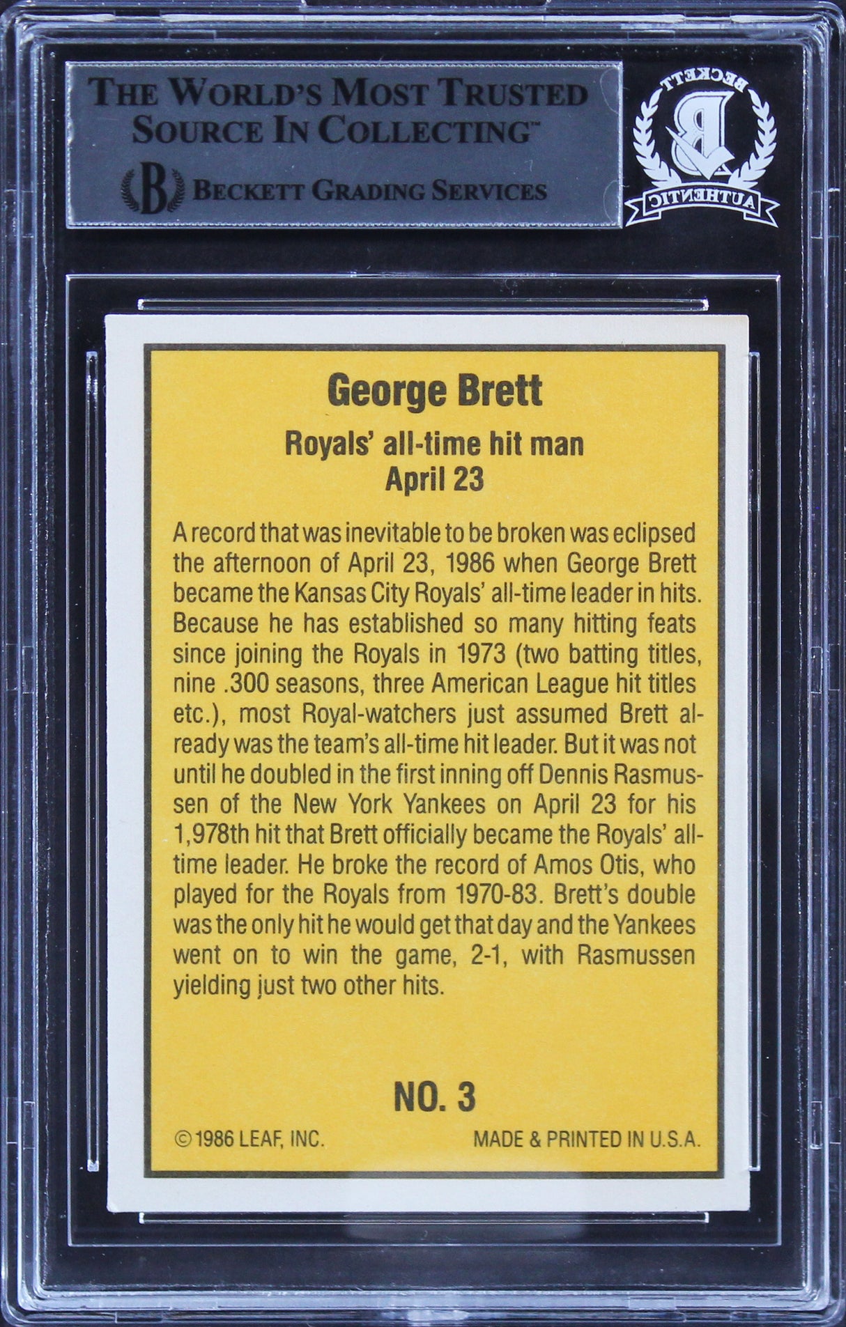 Royals George Brett Authentic Signed 1986 Donruss Highlights #3 Card BAS Slab