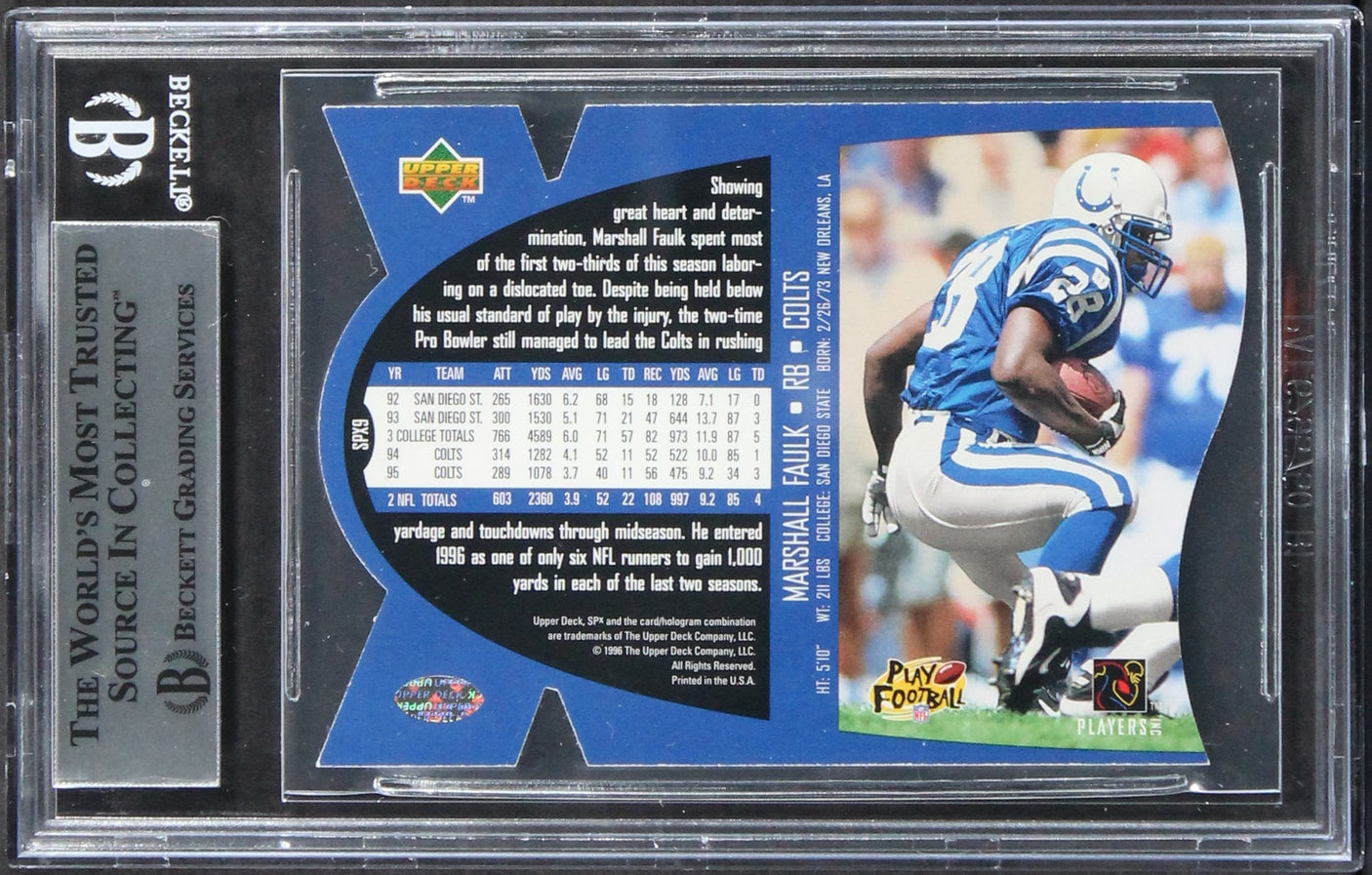 Colts Marshall Faulk Authentic Signed 1997 SPX #9 Card Auto 10! BAS Slabbed