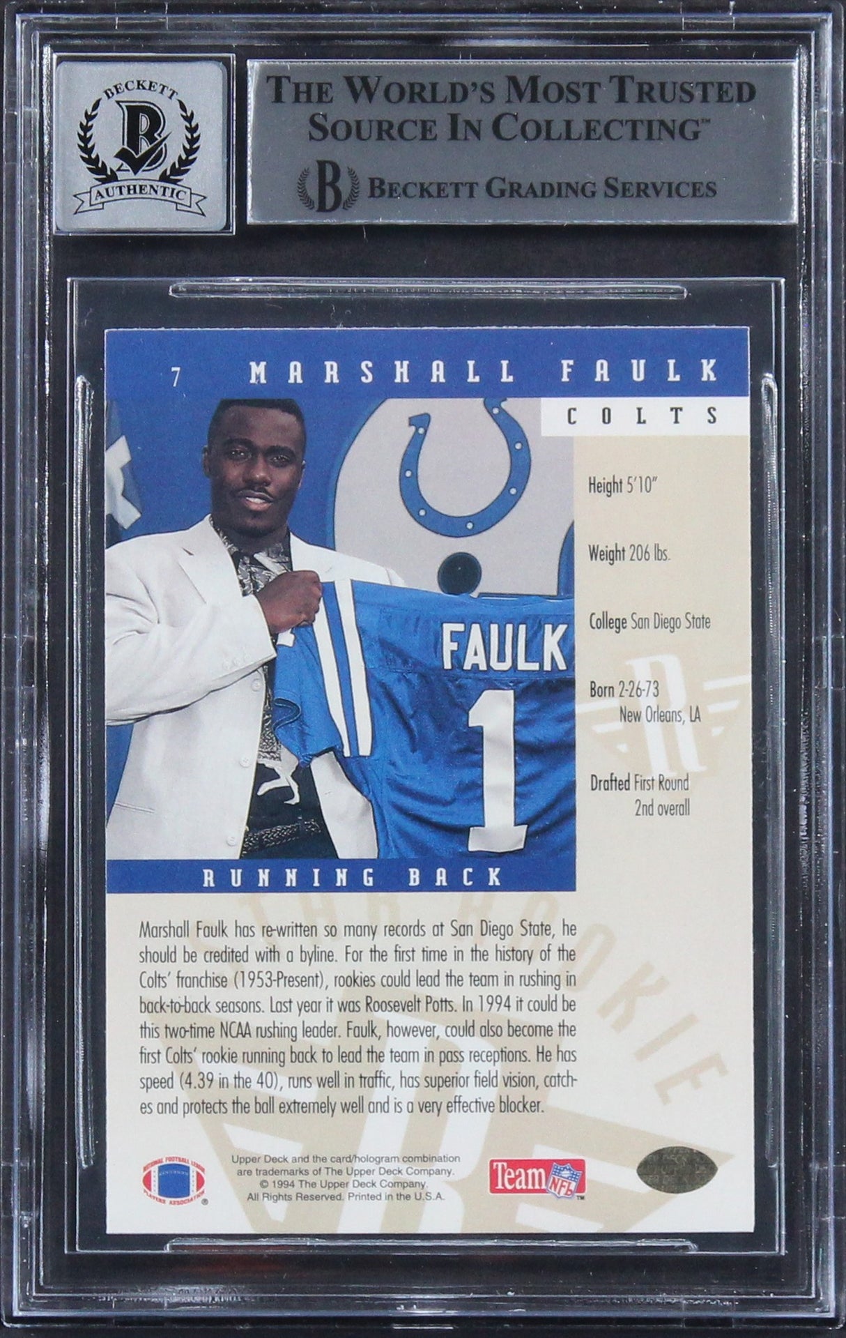 Colts Marshall Faulk Signed 1994 Upper Deck #7 Rookie Card Auto 10! BAS Slabbed