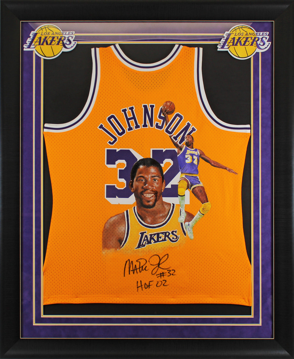 Magic Johnson Signed Hand Painted Yellow M&N HWC Swingman Framed Jersey BAS Wit