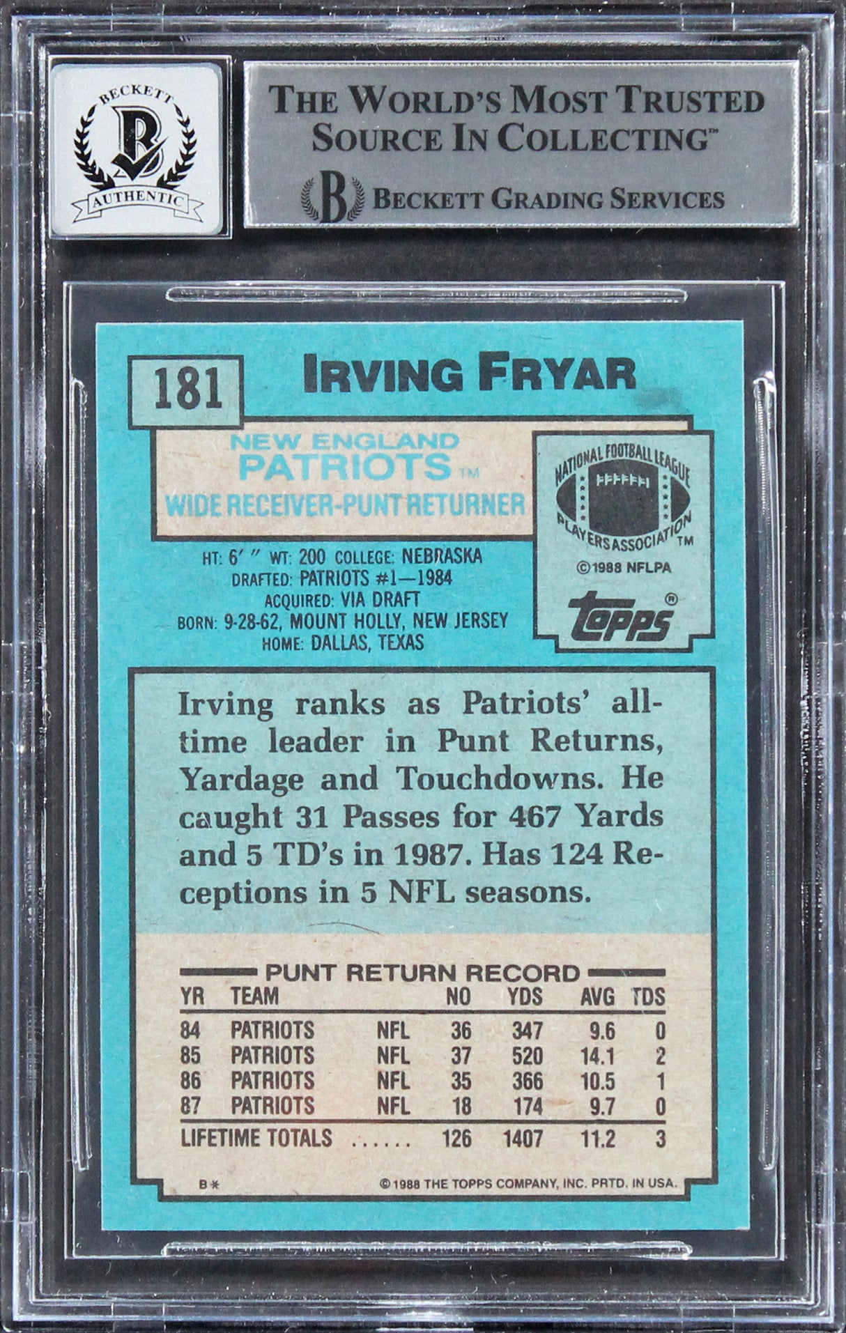 Patriots Irving Fryar Authentic Signed 1988 Topps #181 Card Auto 10! BAS Slabbed