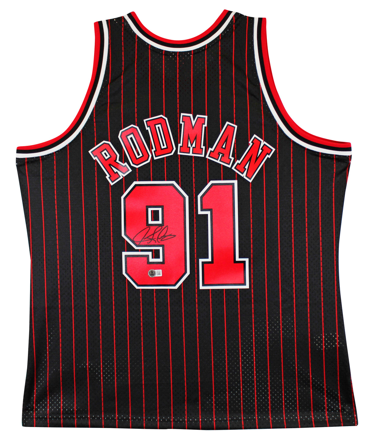 Bulls Dennis Rodman Signed Black M&N HWC Swingman Jersey w/ Black Sig BAS Wit