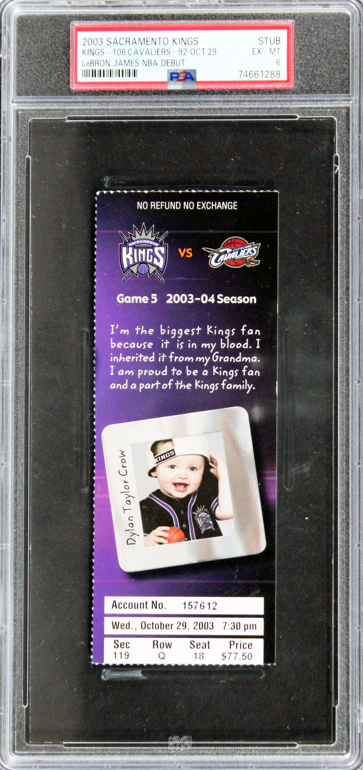 Cavaliers LeBron James 2003 NBA Debut Ticket Stub Ticket Grade EX-MT 6 PSA Slab