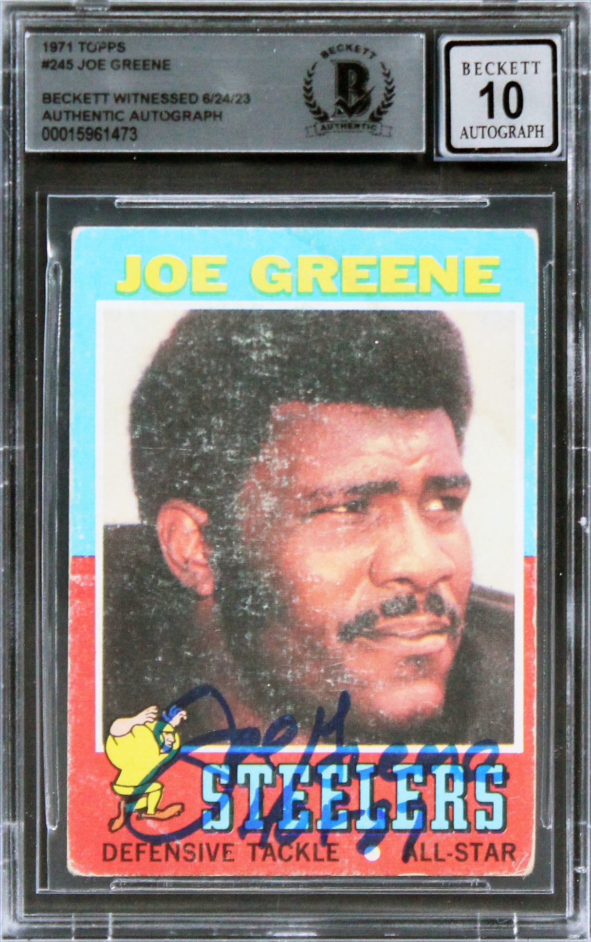 Steelers Joe Greene "HOF 87" Signed 1971 Topps #245 RC Card Auto 10 BAS Slab 4