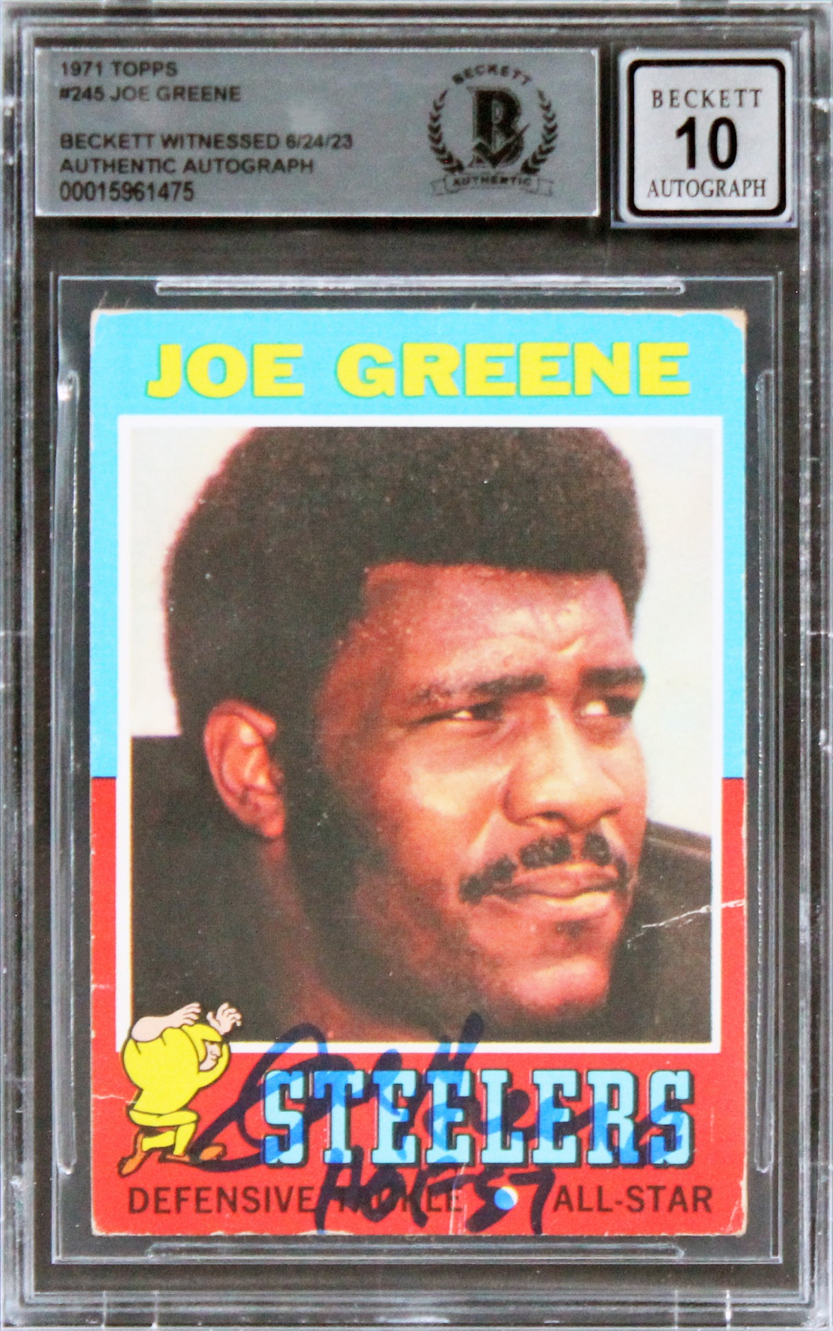 Steelers Joe Greene "HOF 87" Signed 1971 Topps #245 RC Card Auto 10 BAS Slab 5