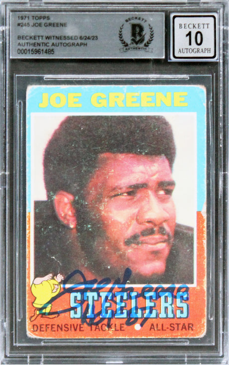 Steelers Joe Greene "HOF 87" Signed 1971 Topps #245 RC Card Auto 10 BAS Slab 6