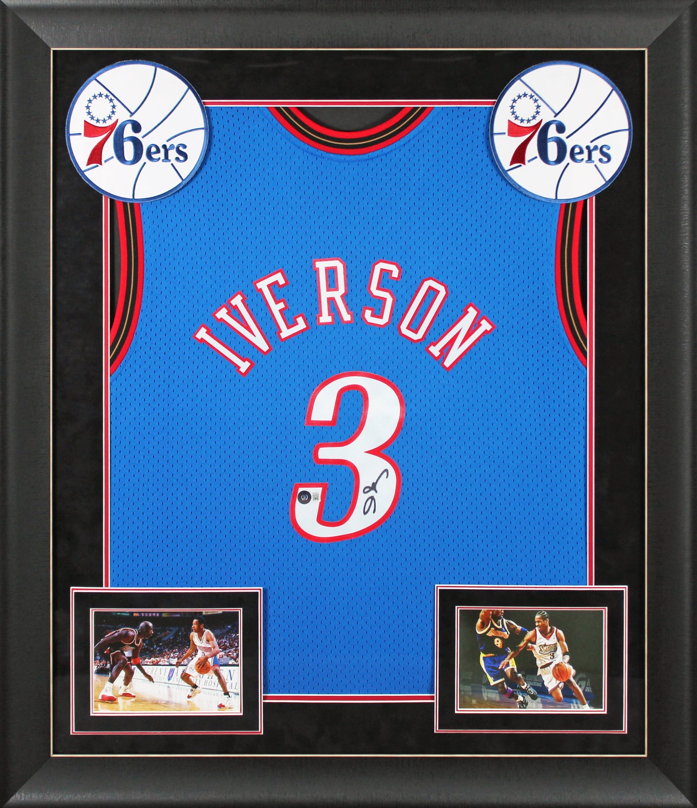 76ers Allen Iverson Signed Blue M&N 1999-00 HWC Swingman Framed Jersey BAS Wit