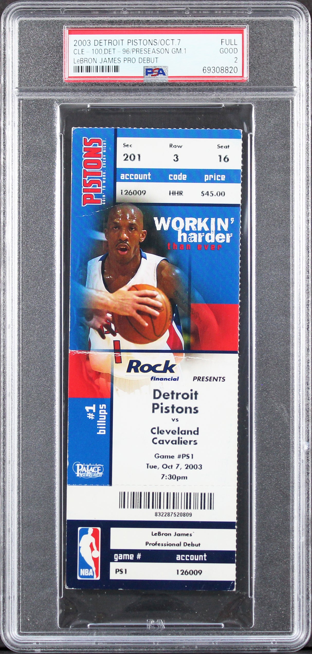 Cavaliers LeBron James 2003 NBA Debut Full Ticket Graded Good 2 PSA Slabbed