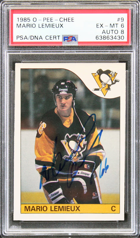 Mario Lemieux Signed 1985 O-Pee-Chee #9 RC Card Graded 6 Auto Grade 8 PSA Slab