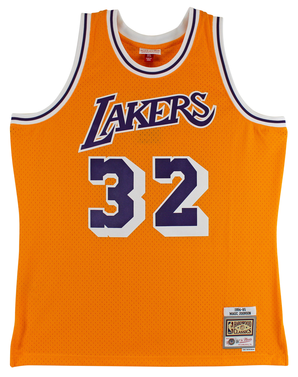 Lakers Magic Johnson Signed 1984-85 M&N HWC Swingman Yellow Jersey BAS Wit